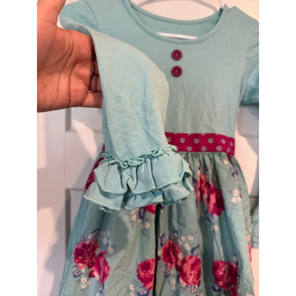 Eleanor Rose Rhonda Dress Girls Size 8-10 Aqua Pink Floral Ruffle Long Sleeve